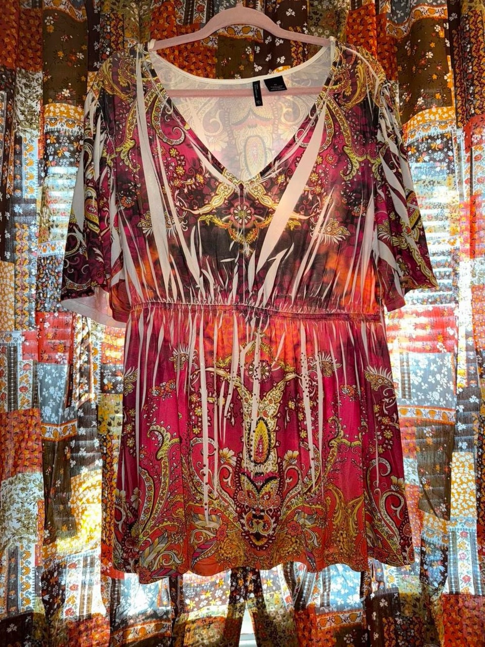 Y2K new directions Pink Orange Paisley V-Neck Tunic